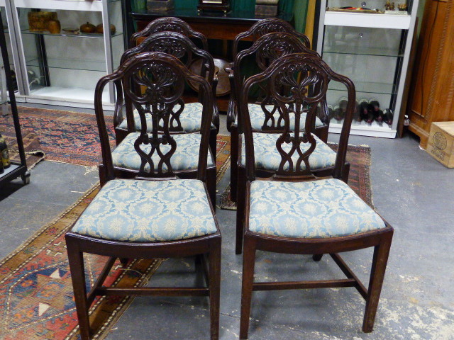 A SET OF SIX ANTIQUE GEO.III.STYLE MAHOGANY ARMCHAIRS WITH CURVED SEATS AND CARVED PIERCED BACKS. - Image 20 of 21