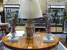 A PAIR OF WEMYSS ROSE DECORATED TALL CANDLESTICKS RETAILED BY T.GOODE & CO. H.31cms.