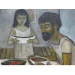 BOWYER 20th.C. (ARR) THE MEAL SIGNED VERSO, OIL ON CANVAS. 41 x 51cms