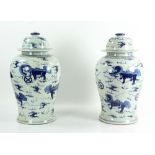 Pr. Chinese Blue and White Porcelain Temple Jars