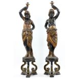 Pr. 19th C. Continental Blackamoor Polychrome Carved Figures