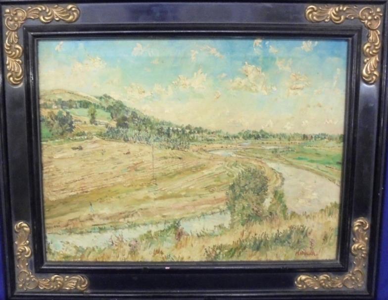 Oil on Canvas by Max Hofler rural scene with winding stream, hills, cloudy sky, marked to reverse