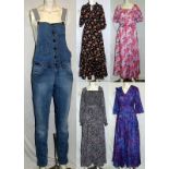 Ladies Vintage 70s Dresses incl. pink/purple labelled CH Modell, black floral cotton labelled size
