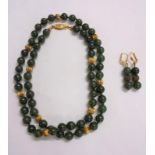 C19th Chinese? Spinach Jade Bead Necklace with yellow metal clasp, double knotted, interspaced