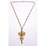 9ct Gold Edwardian Art Nouveau Seed Pearl & Peridot Pendant on light chain