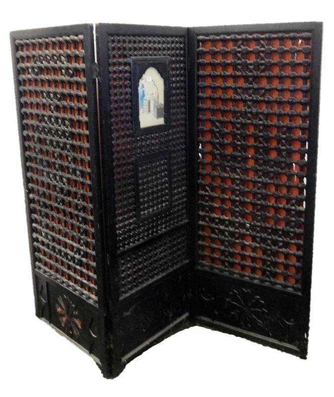 3-Fold Ebonised Oriental Screen, 3 lower panels with blind fret carved decoration (some missing)