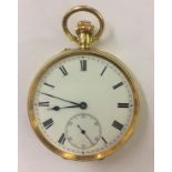 18ct Gold Gents Open Faced Pocket Watch, top wind, white enamelled dial with Roman numerals,