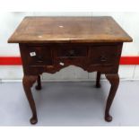 Georgian Period Walnut Lowboy with 3 small drawers to front on cabriole pad footed supports, cross