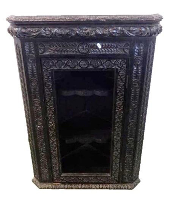 Corner Cabinet with glazed door (no glass) extensively carved details, stiles with flower head &