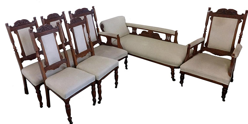 Late Victorian 7-Piece Oak Salon Suite incl. chaise longue with left hand scroll, galleried arm