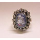 Unmarked Yellow Metal Ladies Diamond & Sapphire Ring, pale facet cut Ceylon sapphire central stone