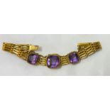 Ladies Amethyst Set Yellow Metal Gate Bracelet, partial marks, safety chain