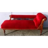 Victorian Chaise Longue with right hand scroll, upholstered in red Draylon, back rail supported with