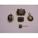 C19th Memorial Jewellery incl. Yellow Metal Brooch with central woven hair panel, later pin, Oval