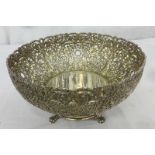 Silver cast fretted & pierced fruit bowl by Barker Ellis, circular foot with animal paw supports,