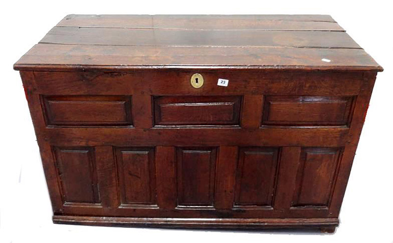 Period Oak Coffer with shaped panelled front, hinged 3 panelled lid with later hinges