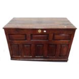 Period Oak Coffer with shaped panelled front, hinged 3 panelled lid with later hinges