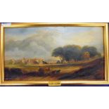 Oil on Canvas by JW Allen, American Haywagon with 2 horses being drawn along path, red roofed house,