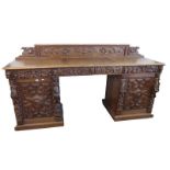 Large Mid Victorian Golden Oak Twin Pillar Sideboard, each pillar on plinth base, door with heavy