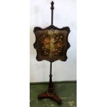 Mahogany Pole Screen on tricorn platform base with carved feet, cartouche shaped panel with silk