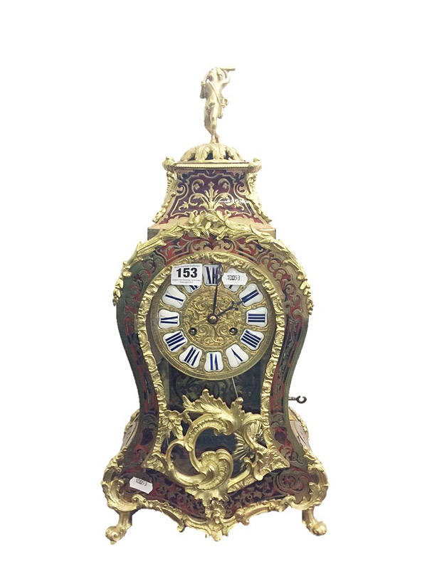 C19th Scarlet Boulle Premiere Partie Mantel Clock with sunburst pendulum, front panel with inlaid