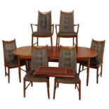 Set 6 Teak High Backed Dining Chairs with deep buttoned back panels, on circular tapering supports &