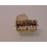 14ct Gold Charm in form of grand piano set seed pearls & rubies with suspension loop