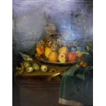 C19th or Earlier Still Life Continental Oil on Canvas Small Blue Tit pecking at figs on a table with