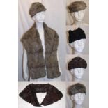 Fur Clothing incl. Grey Coney Fur Stole with matching hat, 2 Grey Coney Fur Hats, 1 labelled Gales