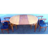 Danish Teak Frem Rojle Circular Dining Table with integral leaf & Set 6 Danish Teak Dining Chairs,