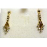 Pair Ladies 18ct Gold Drop Earrings set single illusion cut stone, drop with spray of 5 diamonds,