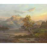 Modern British Oil by Prudence Turner, Scottish Lake Scene with tree lined banks, mountains to