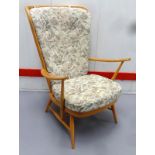 High Backed Ercol Open Armchair with high stick back & beige cushions