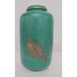 Swedish Gustavsberg Argenta Cylinder Vase decorated with silver fish swimming on turquoise ground,