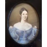 C19th Miniature Water Colour on Paper Young Woman with off the shoulder blue dress in ebonised