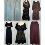 Ladies Vintage 70s Dresses incl. black evening dress with gold trim & belt, long black floral