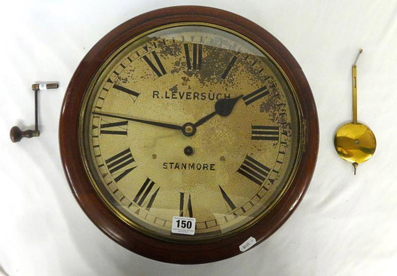 C19th Fusee Dial Clock with mahogany case, 12" painted dial marked 'R Leversuch Stanmore', gut