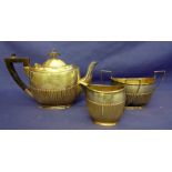 Silver Batchelor Tea Set with half fine fluted teapot, sugar & milk, gilded interiors, ebony