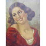 Oil on Board Portrait Young Woman wearing low cut red dress by G Muller in gesso gilt frame, approx.