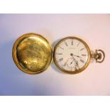 18ct Gold Waltham Hunter in engine turned case, dial a/f, inner & outer cases 18ct