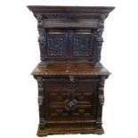 Victorian Gothic Style Oak Side Cabinet, central door with geometric carved details, central lions