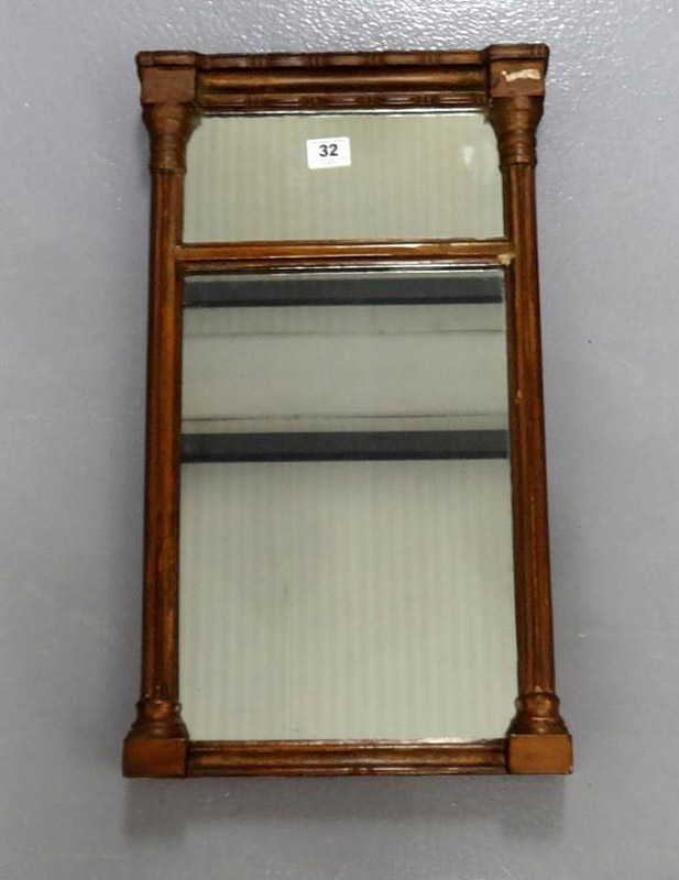 Small Georgian Gilt Pier Mirror, rectangular plate with smaller plate over, reeded fluted columns