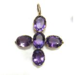 Yellow Metal Mounted Amethyst Cross with suspension hoop, unmarked