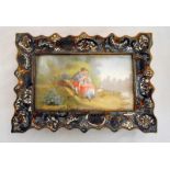 Champlevé Enamel Desk Tray, set hand painted porcelain plaque with shepherdess & companion in garden