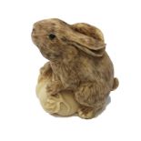 Netsuke with textured hare on fruit gourd signed to base