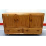 Ercol 3 Door Elm Sideboard with 2 lower drawers, carved wooden pulls, on Shepherds castors