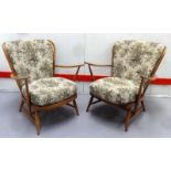 Pair Ercol Open Armchairs with tall stick backs, floral upholstery (2)