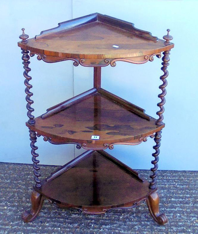 C19th Rosewood Whatnot on kicked-out supports with barley twist columns, 3 bow fronted shelves