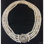 Freshwater 4 Strand Pearl Necklace with brooch clasp set approx. 1.6-1.8 carats diamonds