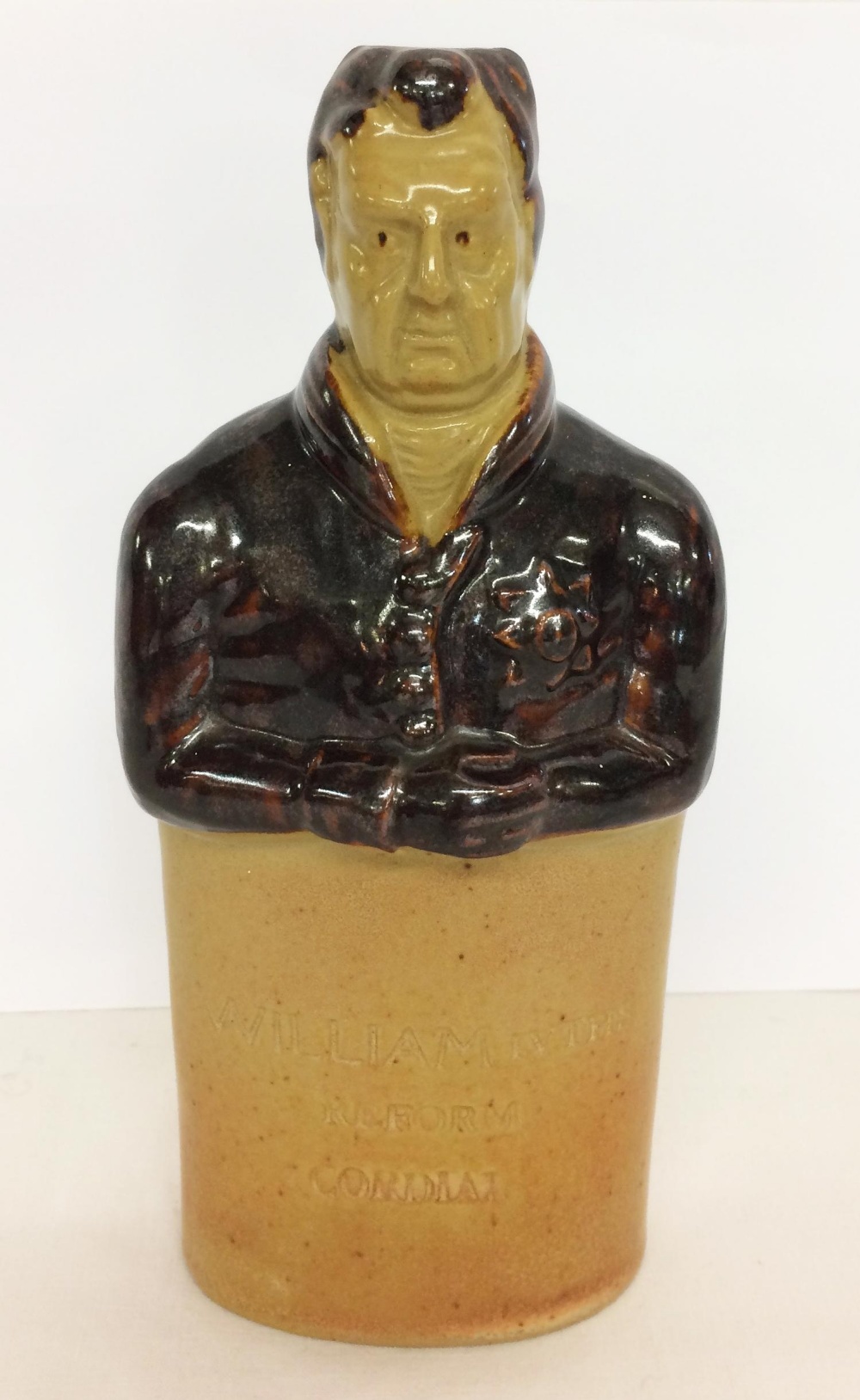 C19th Salt Glazed Stoneware Bottle 'Wiliam IV Reform Flask London' by Denby & Belper Bournes